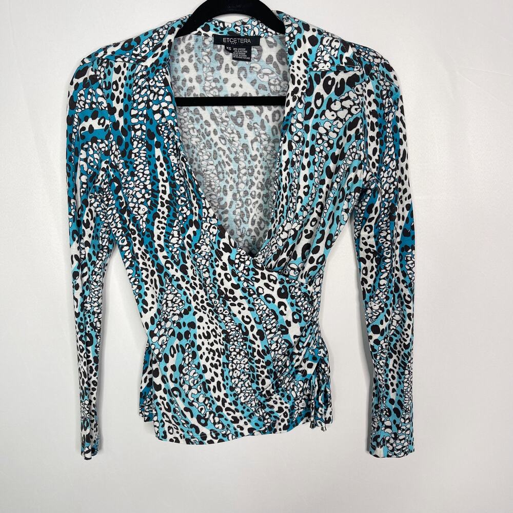 Etcetera XSmall XS Blue White Brown Leopard Print Wrap Long Sleeve Top Stretch
